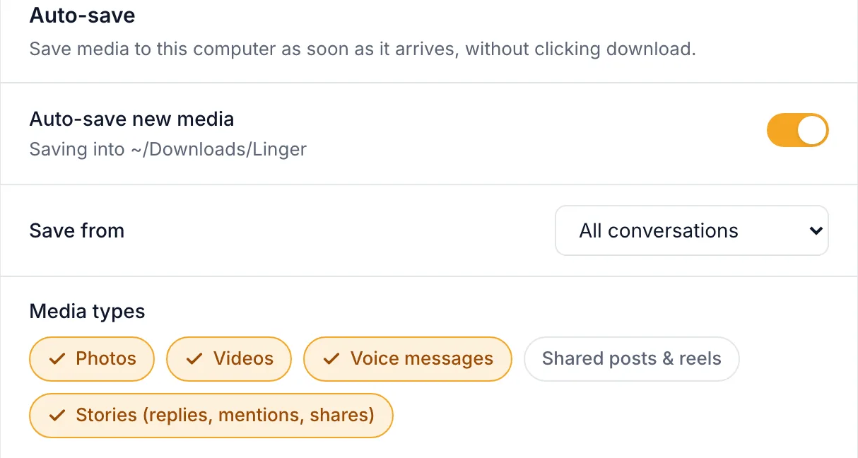 Los ajustes de guardado automático de Linger: guardar lo nuevo en ~/Downloads/Linger desde todas las conversaciones, para fotos, vídeos, audios e historias.