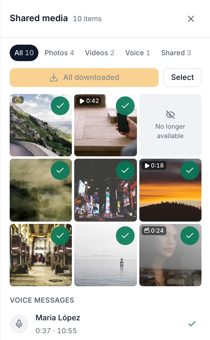 El panel de archivos compartidos de un chat en Linger: fotos, vídeos y un audio, filtrados por tipo y cada uno con una marca de descargado.