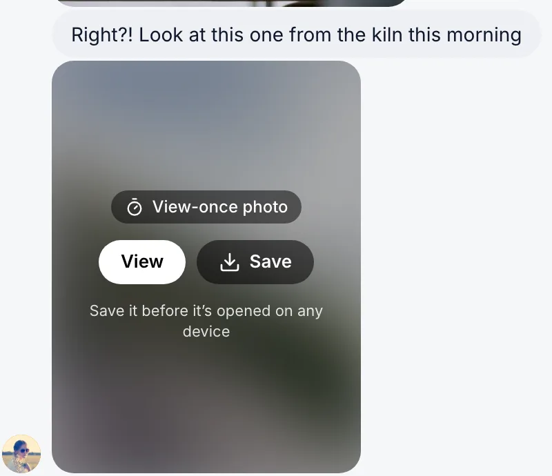 Una foto de ver una vez en un chat de Linger, difuminada, con los botones View (ver) y Save (guardar) y el aviso “Save it before it’s opened on any device” (guárdala antes de que se abra en cualquier dispositivo).